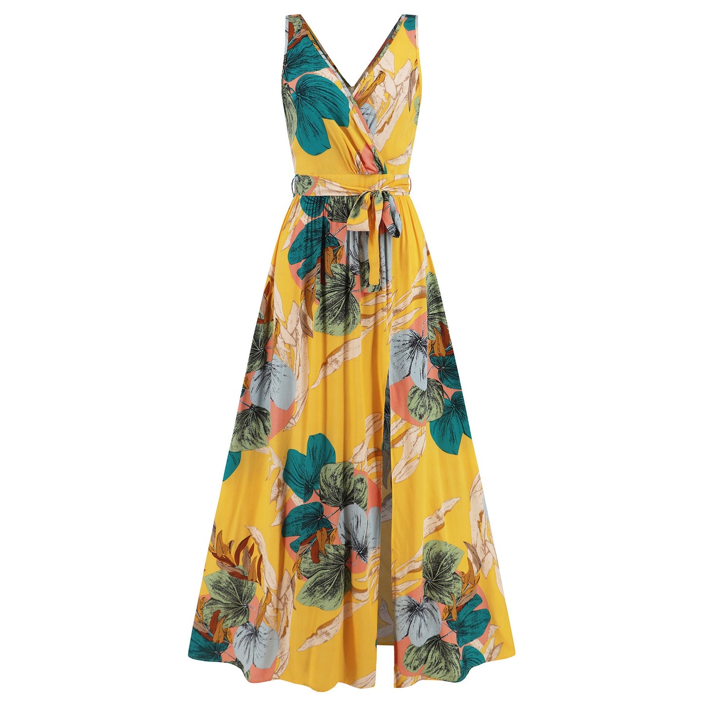 V-neck Floral Print Long Dress Summer Fashion Waist Tie Slit Design Sleeveless Dress For Womens Clothing.