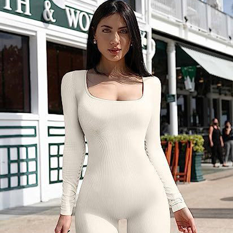 Women's Yoga Sports Fitness Jumpsuit Workout Long Sleeve Square Collar Clothing null