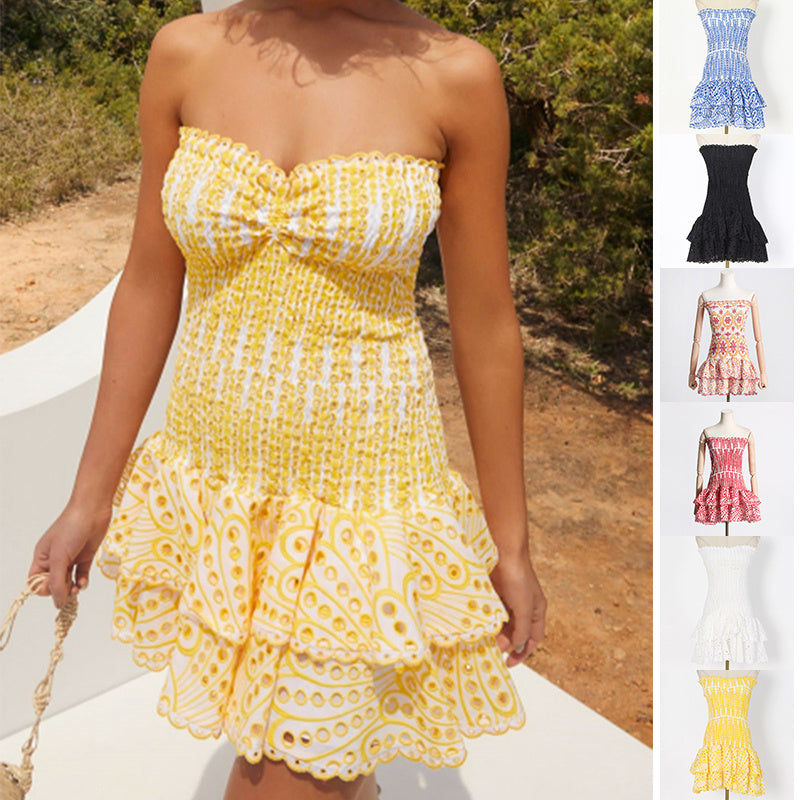 Y2K Tube Top Pleated Dress Ins Fashion Print A-line Short Dresses For Beach Party Clothing Women.