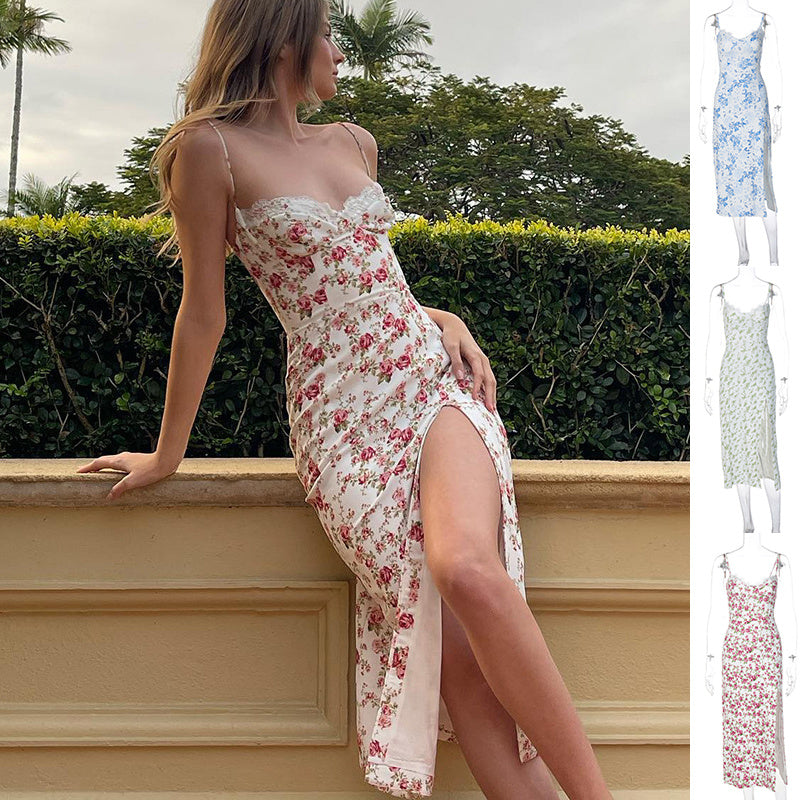 Lace Flowers Print Long Dress Sexy Fashion Slit Suspender Dress Summer Womens Clothing.