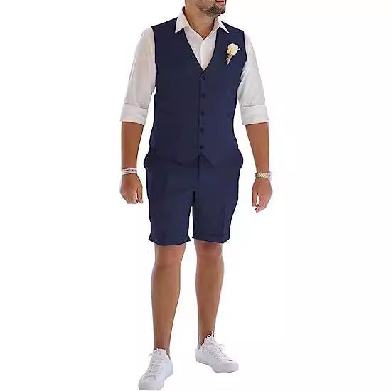 Men's Linen Suit 2 Piece Set Beach Wedding Shorts And Vest Suit