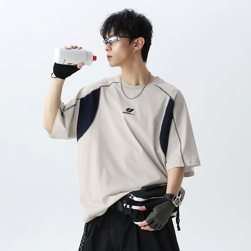 Contrast Color Men's Round Neck Embroidered T-shirt