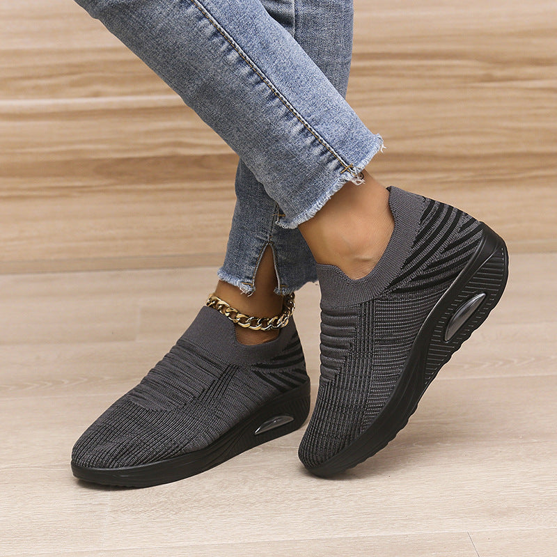 New Stripe Design Mesh Shoes Fashion Slip On Air Cushion Shoes Breathable Round-toe Flats Women null