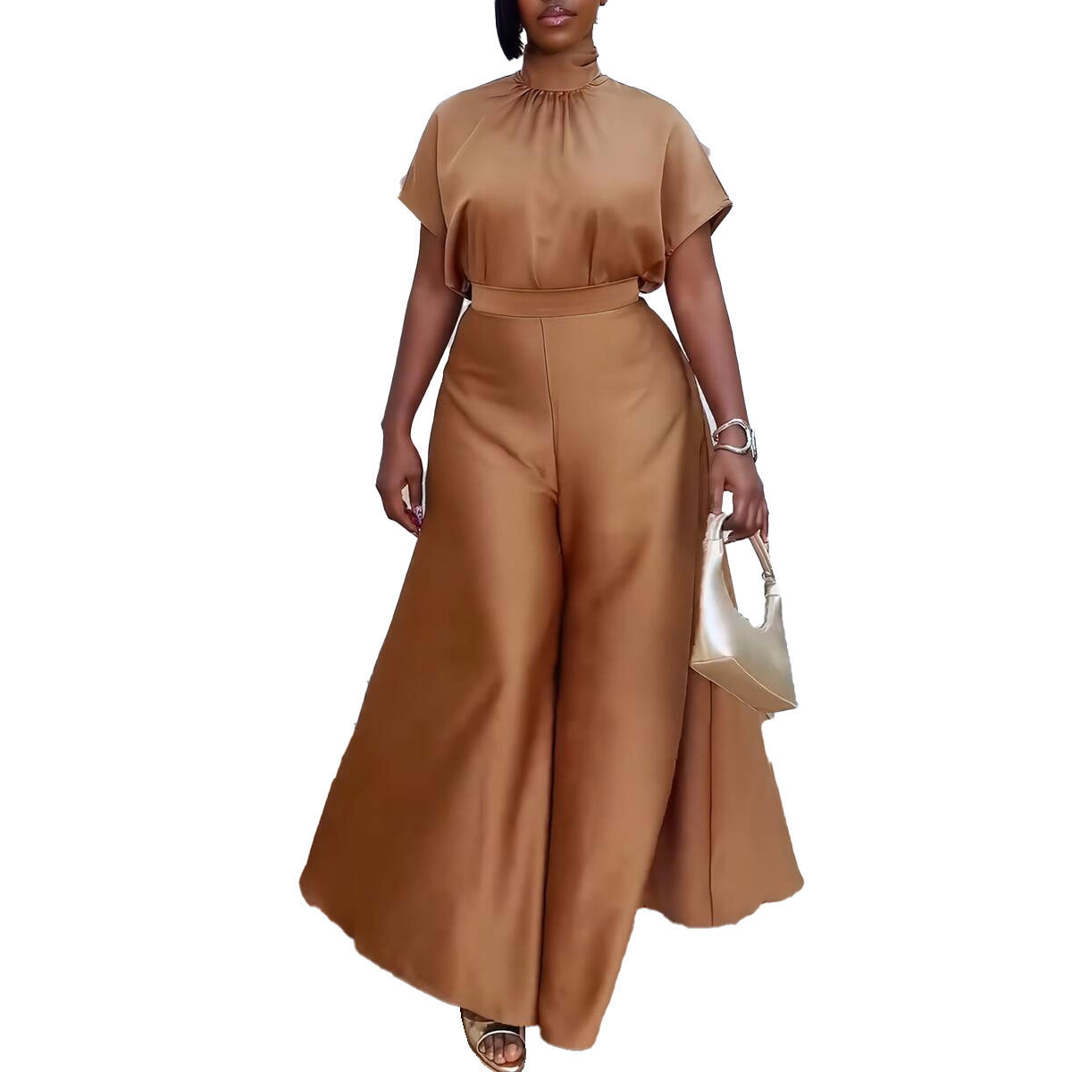 Satin Silky Strap Flounced Sleeve Wide Leg Two-piece Set null