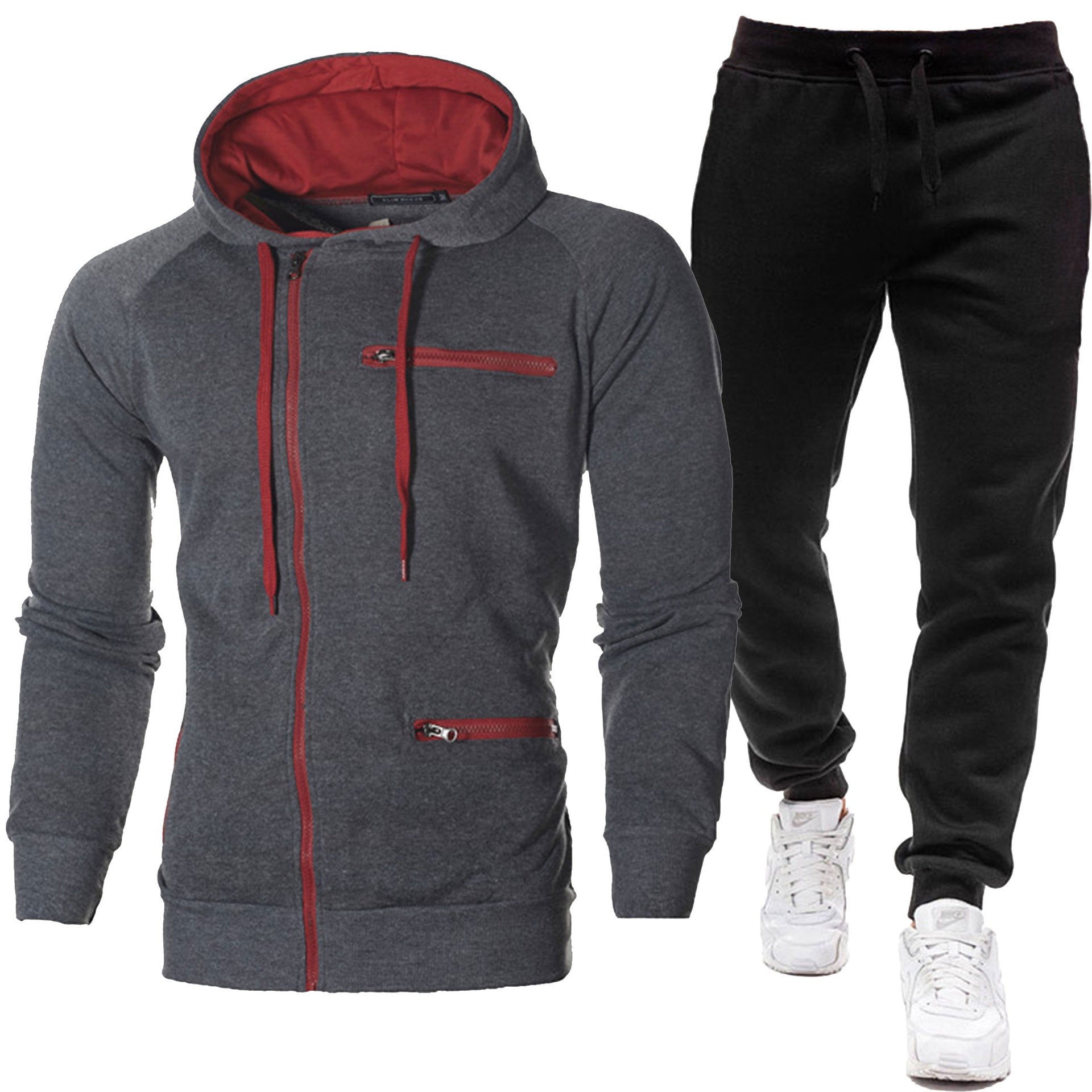 Men's Solid Color Sports Casual Jacquard Sweatshirt Fleece Hooded Cardigan Men's Suit