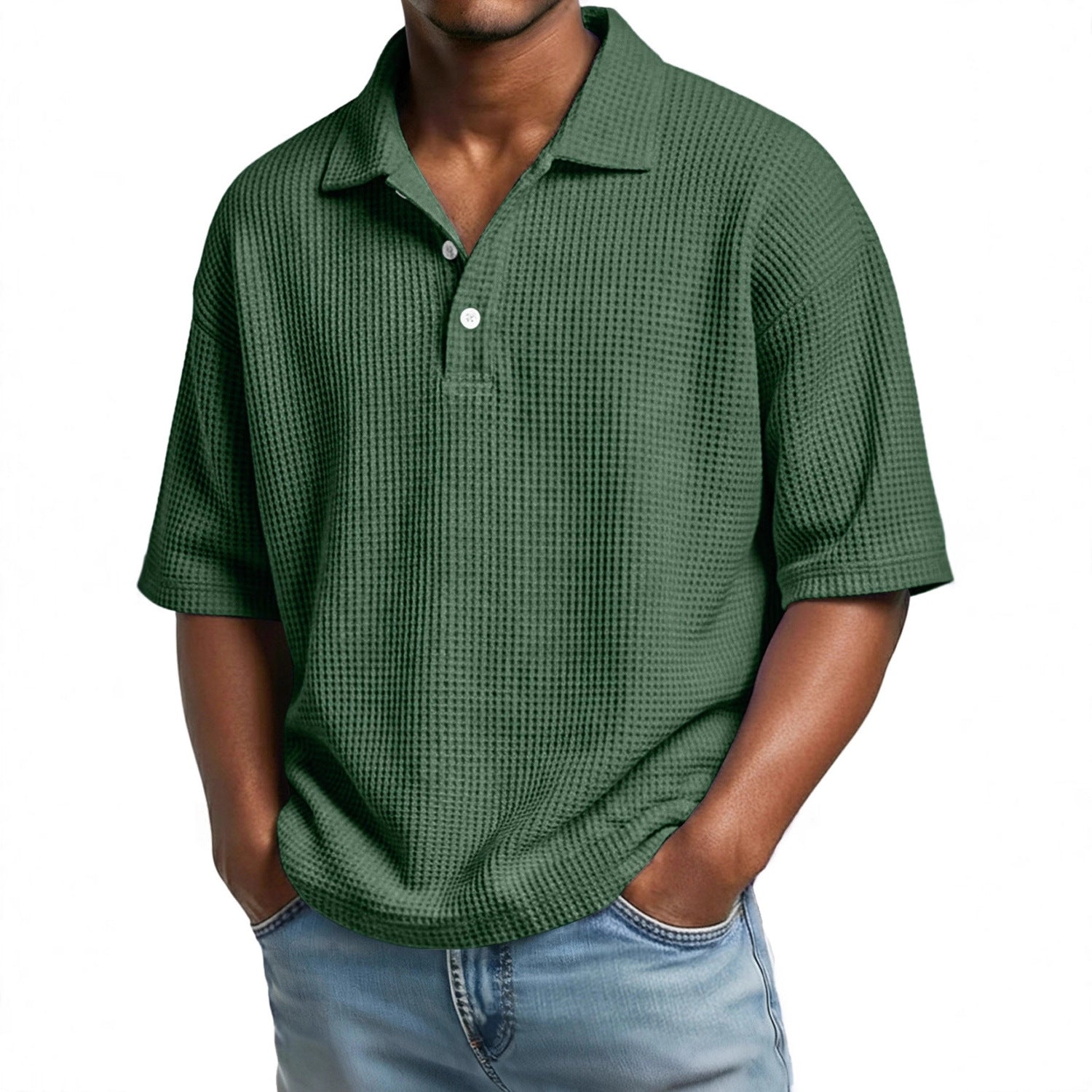 Mens Minimalist Basic Waffle-knit Button-up Collar Top