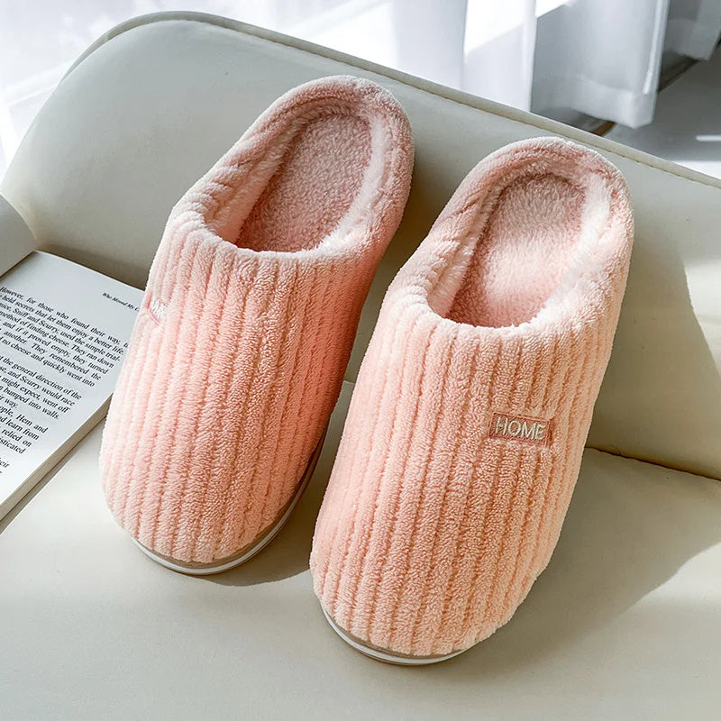 Solid Color Simple Cotton Slippers Winter Non-slip Home Warm Plush Slippers Household Indoor Couple Women's House Shoes null