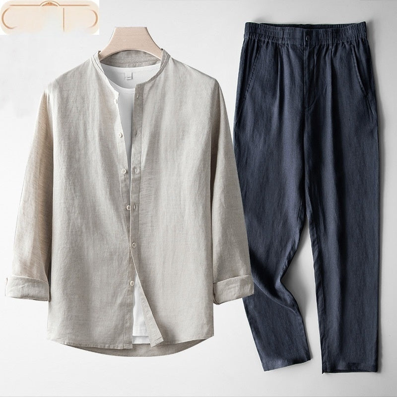 Men's Retro Thin Long Sleeve Linen Tang Suit Outfit