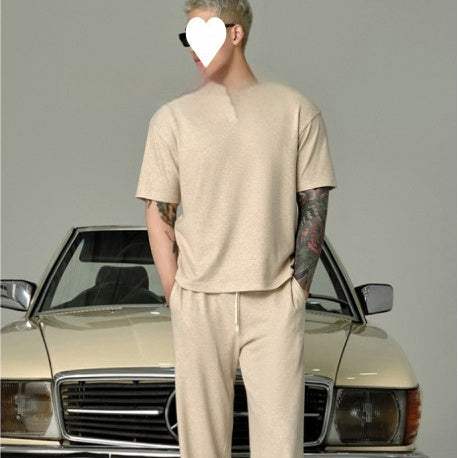 Lapel Short-sleeved T-shirt Men's Casual Top And Trousers Suit