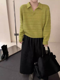 Womens Polo-Neck Sweater Fashionable Casual Artistic Solid-Color