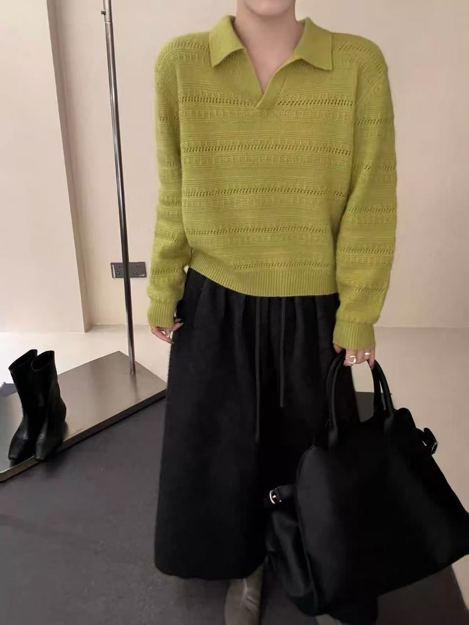 Womens Polo-Neck Sweater Fashionable Casual Artistic Solid-Color