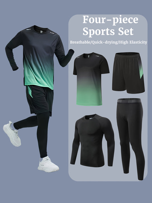 4pcs Sports Suit Quick-drying Elastic Fitness Suit Short Sleeve T-shirt Shorts Bottom Top Bottom Pants Men's Fitness Suit Running Equipment Morning Running Suit Cycling Training Suit Dropshipman