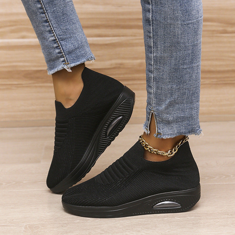 New Stripe Design Mesh Shoes Fashion Slip On Air Cushion Shoes Breathable Round-toe Flats Women null