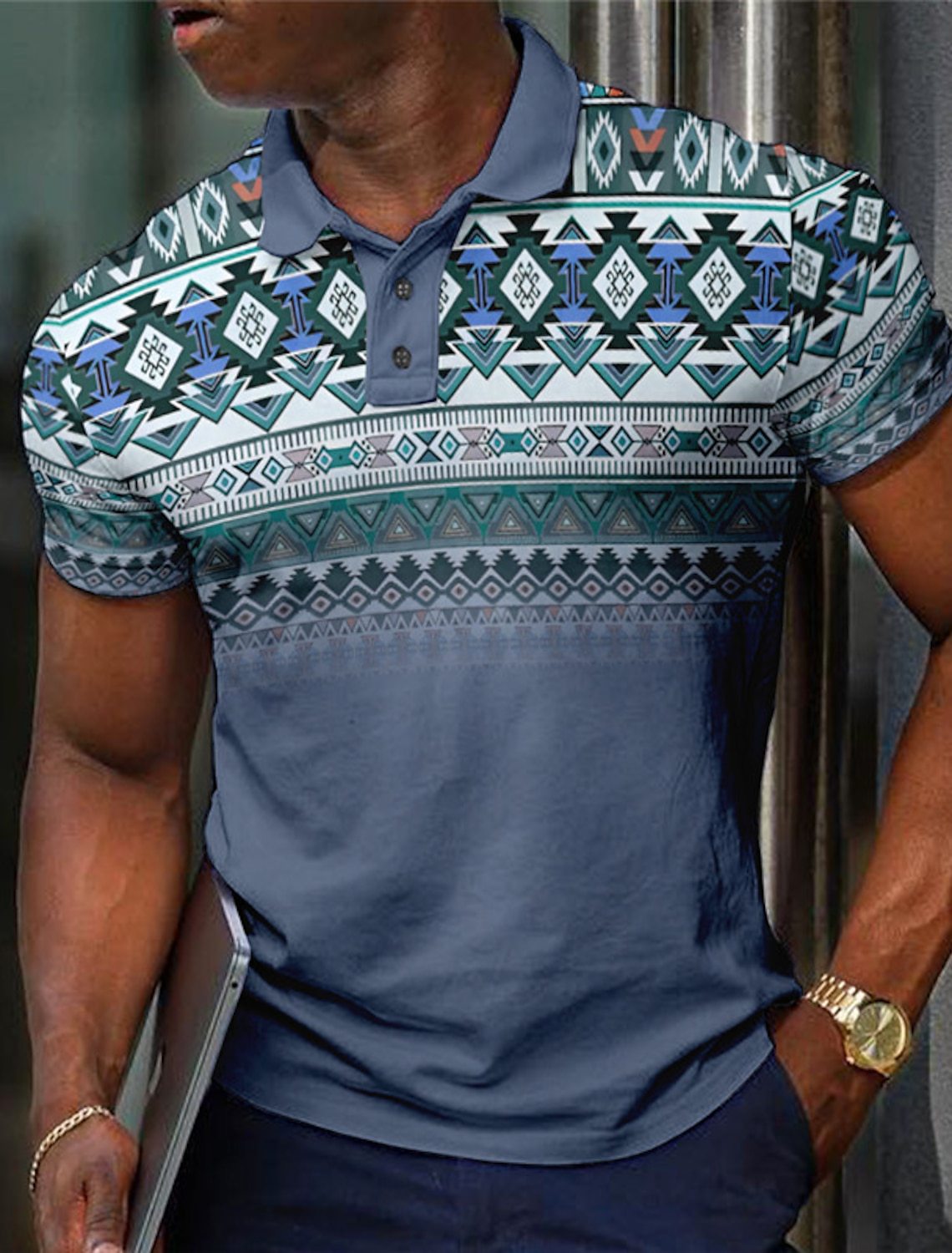 Pattern Button Short Sleeved Polo Shirt
