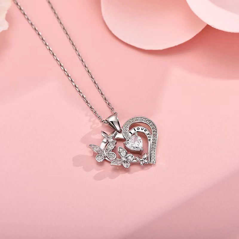 Ins Butterfly Love Necklace With Rhinestones Fashion Personality Hollow Heart-shaped Clavicle Chain Pendant Necklace For Valentine's Day null