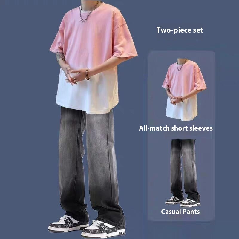 Gradient Short-sleeved Men's Summer Suit Jeans Ruoshuai Two-piece Set