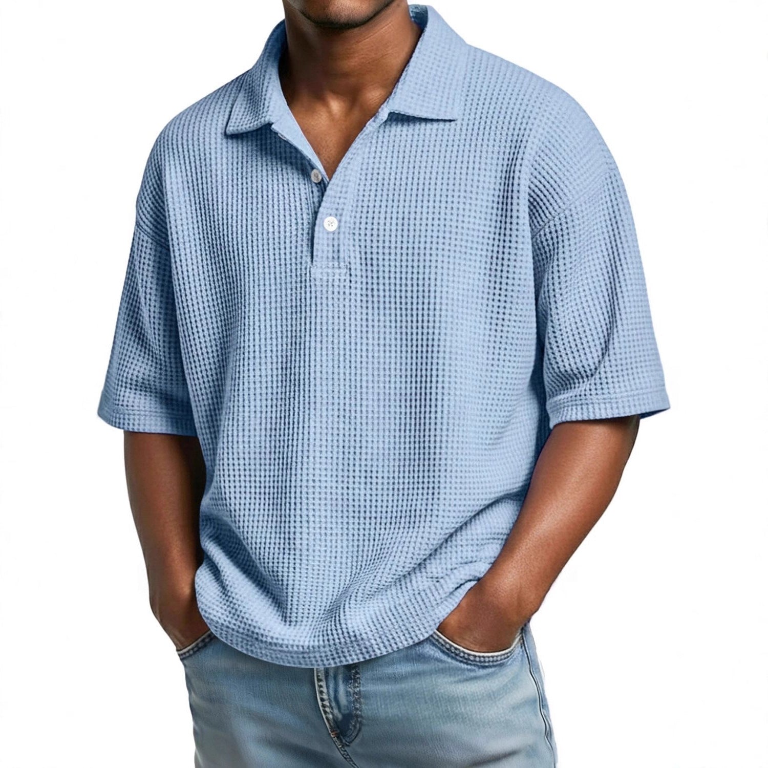 Mens Minimalist Basic Waffle-knit Button-up Collar Top