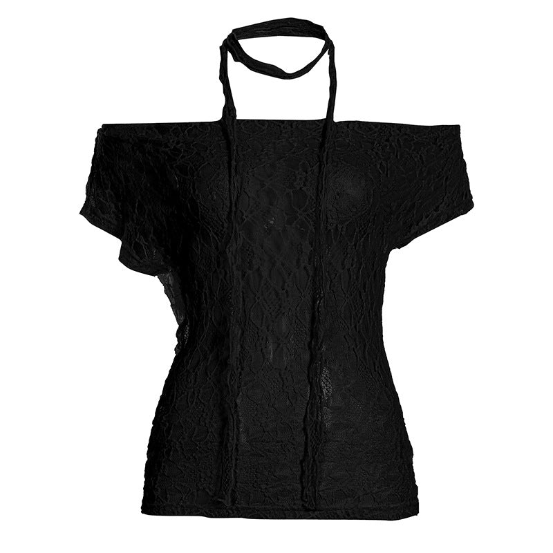 Lace Slimming Hollow-out Short-sleeve Off-shoulder T-shirt Top
