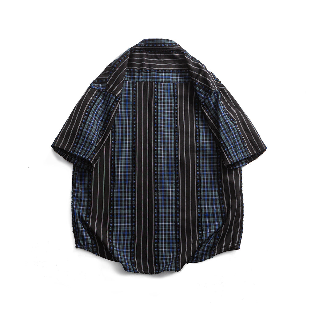 Striped Plaid Colorblock Frayed Short-sleeved Shirt