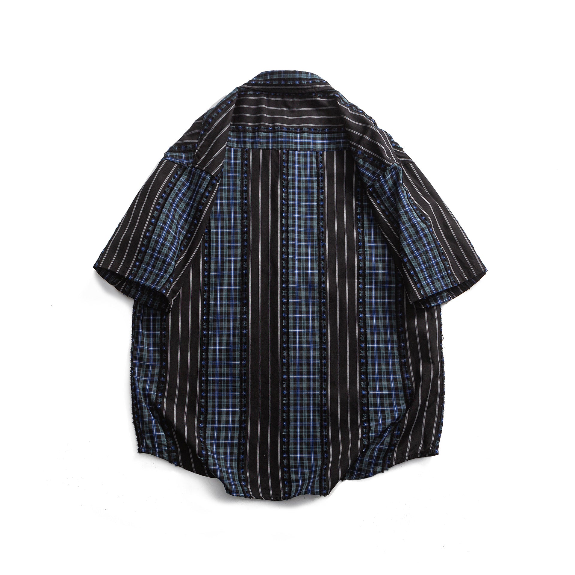 Striped Plaid Colorblock Frayed Short-sleeved Shirt