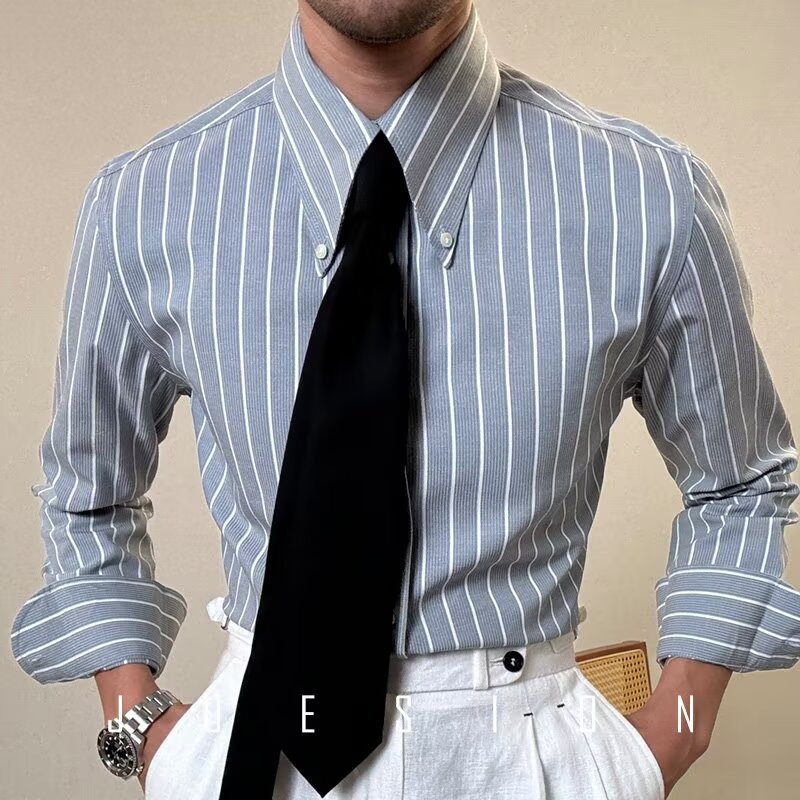 Mens Retro Casual White Striped Long-Sleeve Shirt