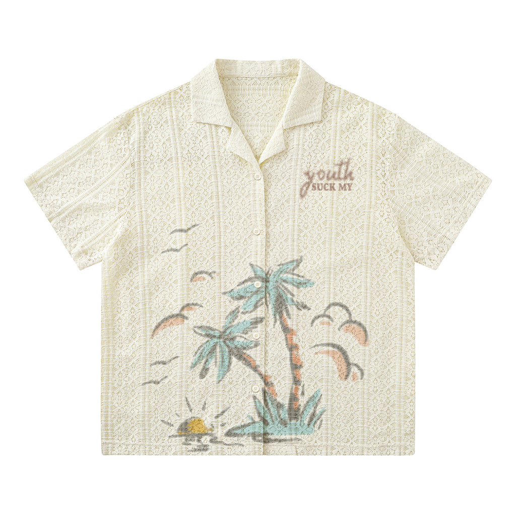 American Summer Beach Landscape Printing Ruffle Handsome Stylish Flow Loose Casual And Comfortable T-shirt