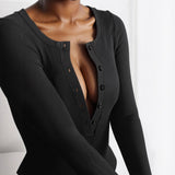 Solid Color Sexy Slim-fit Ribbed Button Long-sleeve Women's Bodysuit