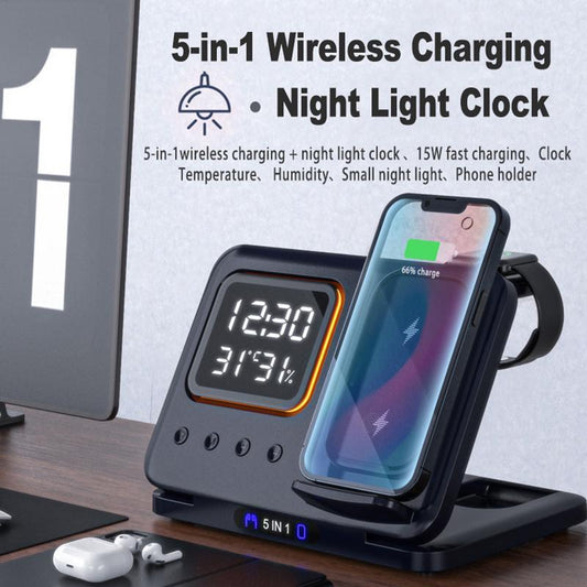 15W Wireless Chargers Stand 5 In1 LED Digital Alarm Clock Fast Charging Dock Station null