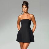 Women Mini Dress, Strapless Backless Solid Slim Fit A-line Summer Tube Clubwear