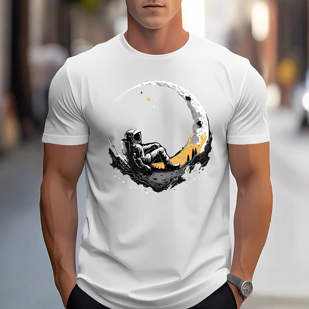 Astronaut Moon Moon Print Polyester T-shirt