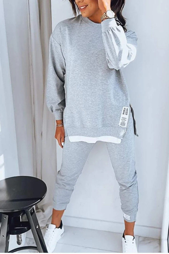 Women's Sports Suit Fashion Slit Design Sweatshirt Top And Slim-fit Trousers Sweatpants Casual Two Piece Set Outfit null