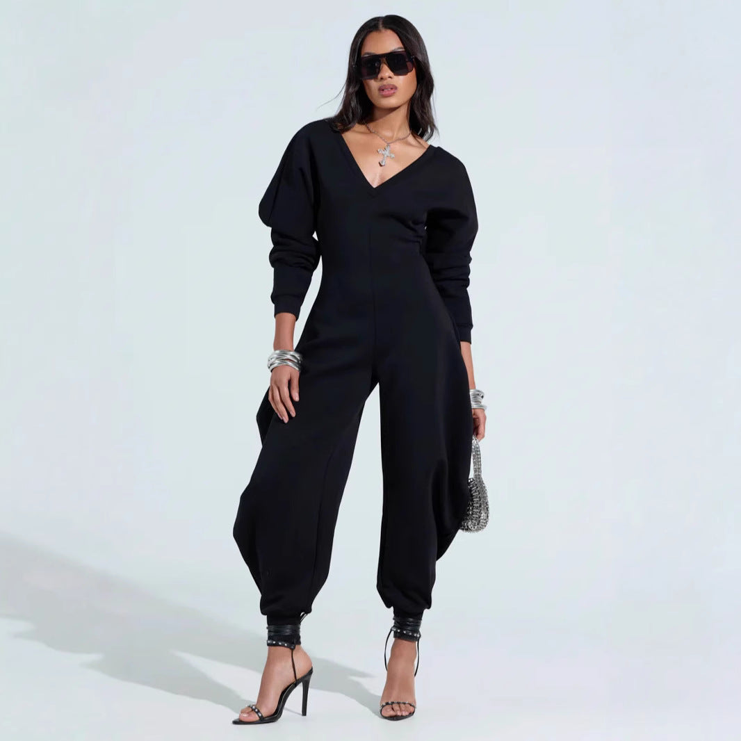 Sexy Long-sleeve Bodycon Jumpsuit With A Tight-fitting V-neck