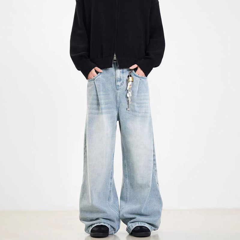 Retro Side Double Oblique Pleated Washed Blue Jeans For Men And Women