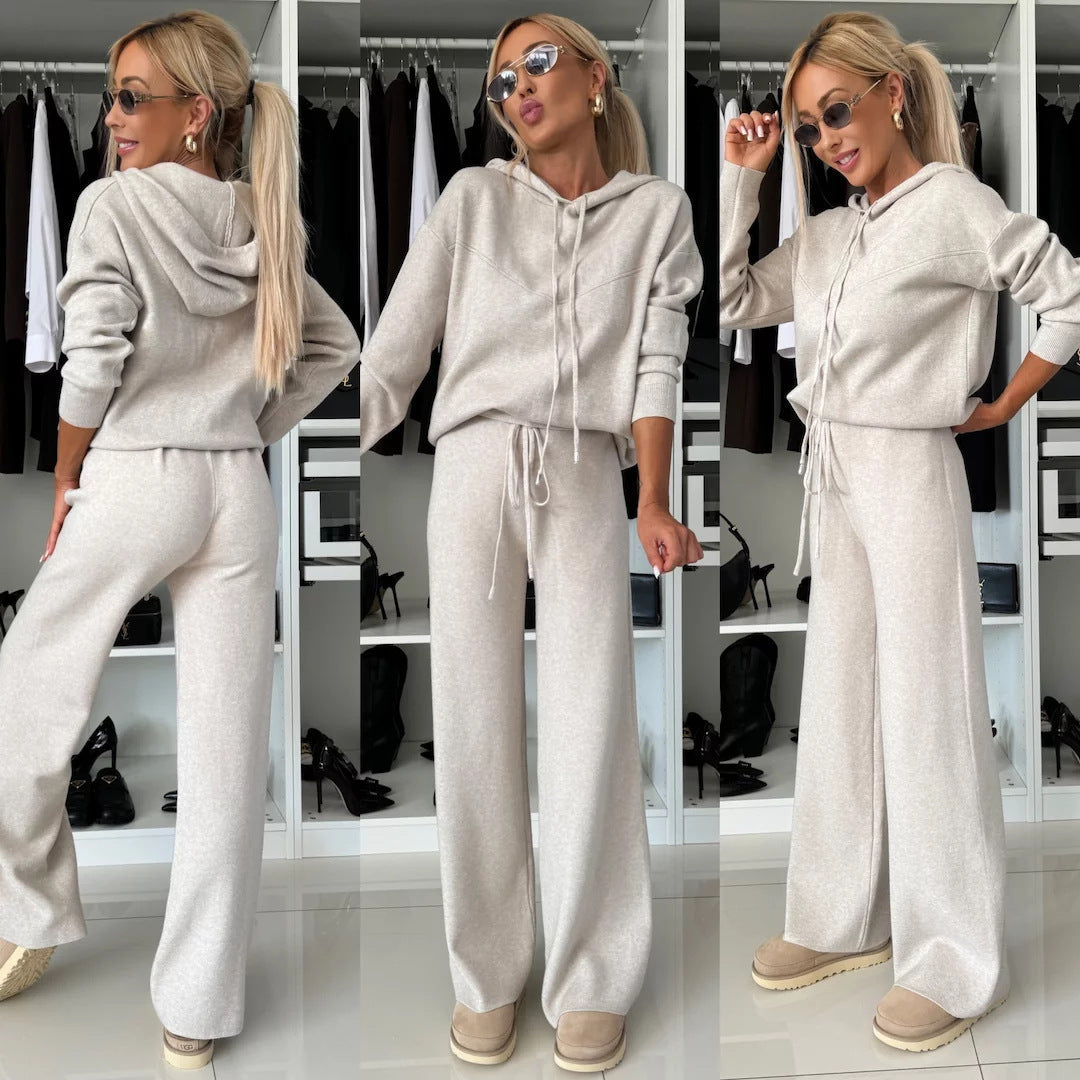 Women's Solid Color Hooded Long Sleeved Sweatshirt Wide Leg Pants Set null