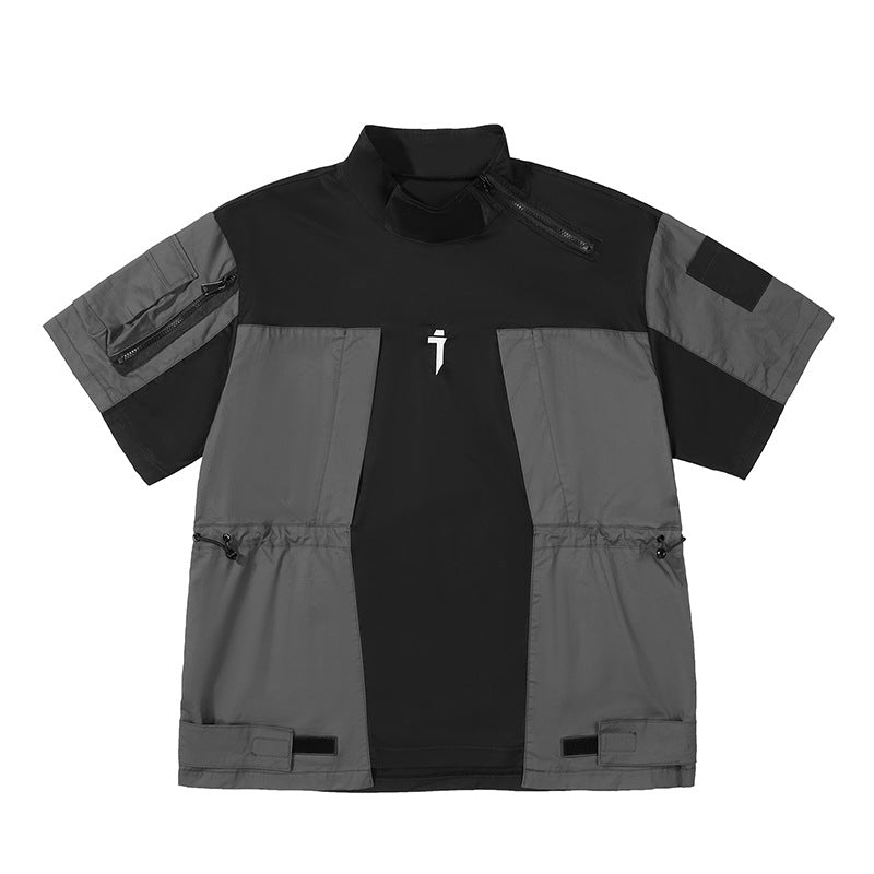 Summer New Mechanical Style Stitching Workwear Short Sleeve Men