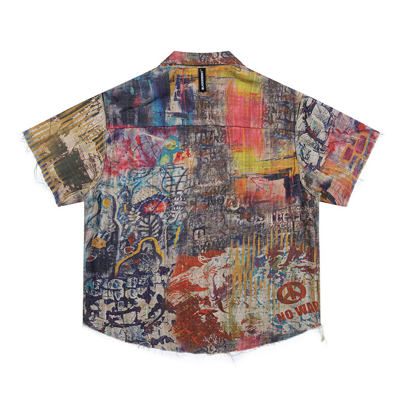 Men's Patchwork Plaid Double-sided Graffiti Short-sleeved Shirt