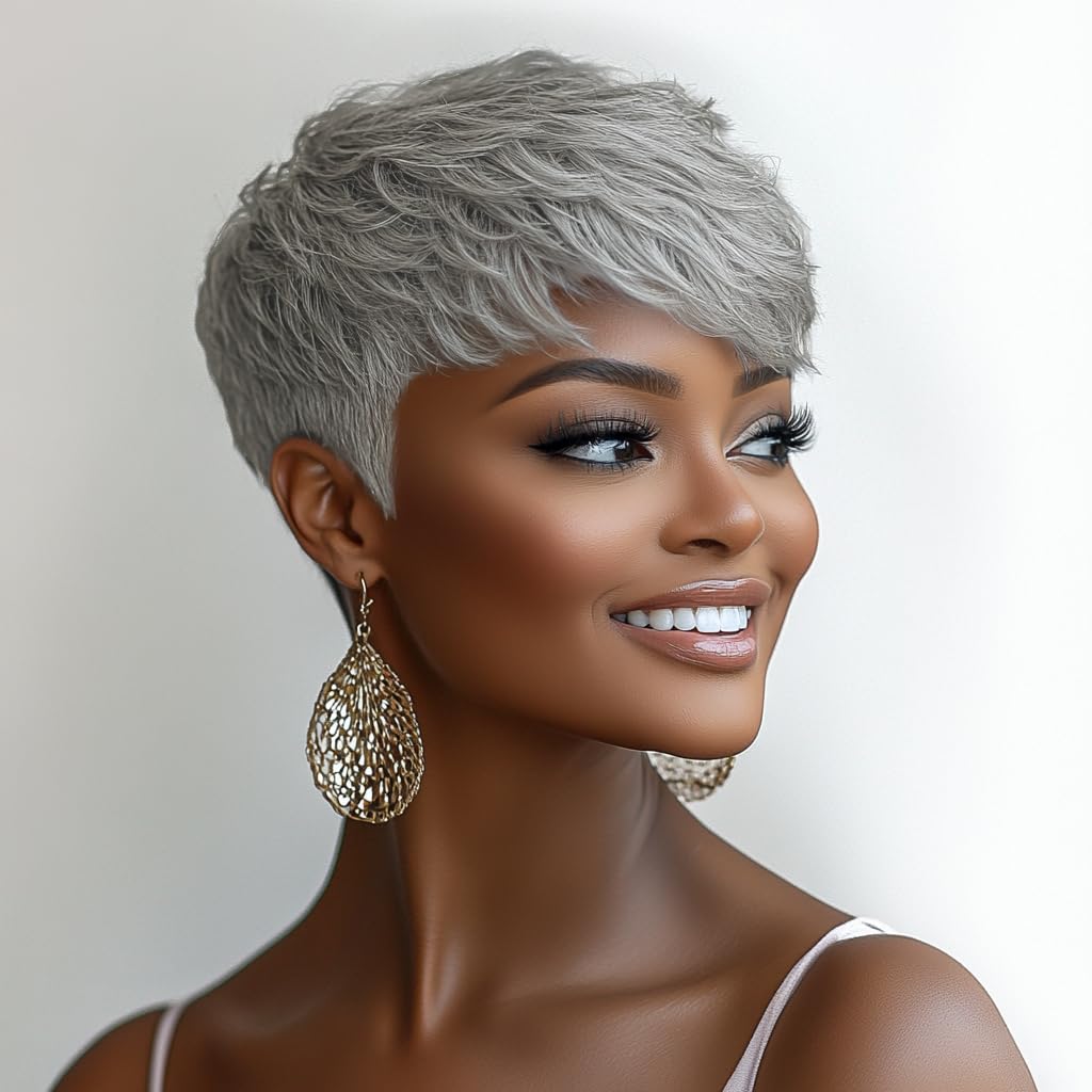 BOBCOO Grey Pixie Cut Wigs for Black Women Gray Short Wavy Pixie Wigs with Bangs Short Womens Wig Pixie Cut Synthetic Hair Short Layered Pixie Wig(Grey -Layered)