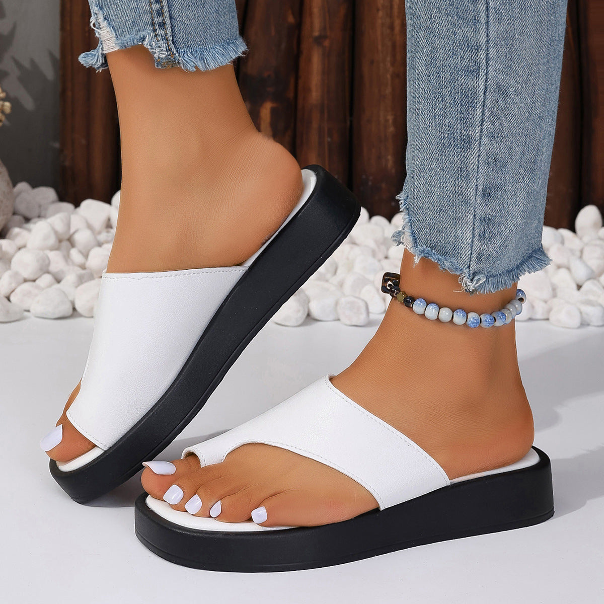 Thick-soled Clip Toe Flat Slippers Outdoor Summer Casual Solid Color Slides Shoes For Women null