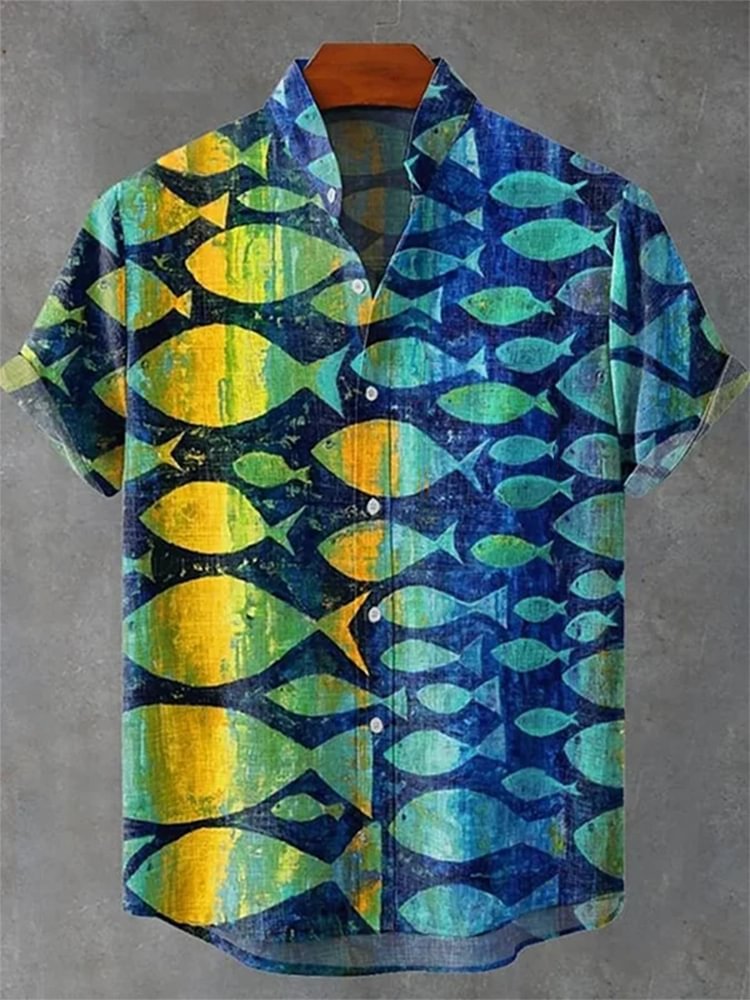 Vintage Linen Comfort Printing Short Sleeve Shirt Men Button Top