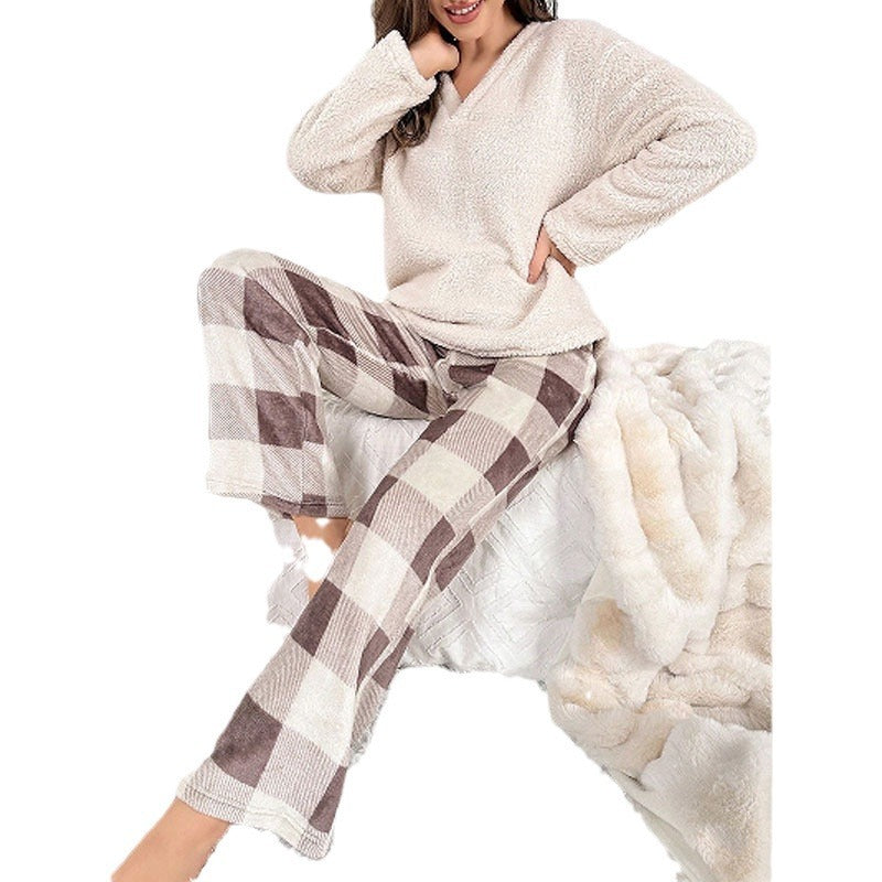 Thermal Flannel Home Wear Loose Plaid Trousers Two-piece Suit null