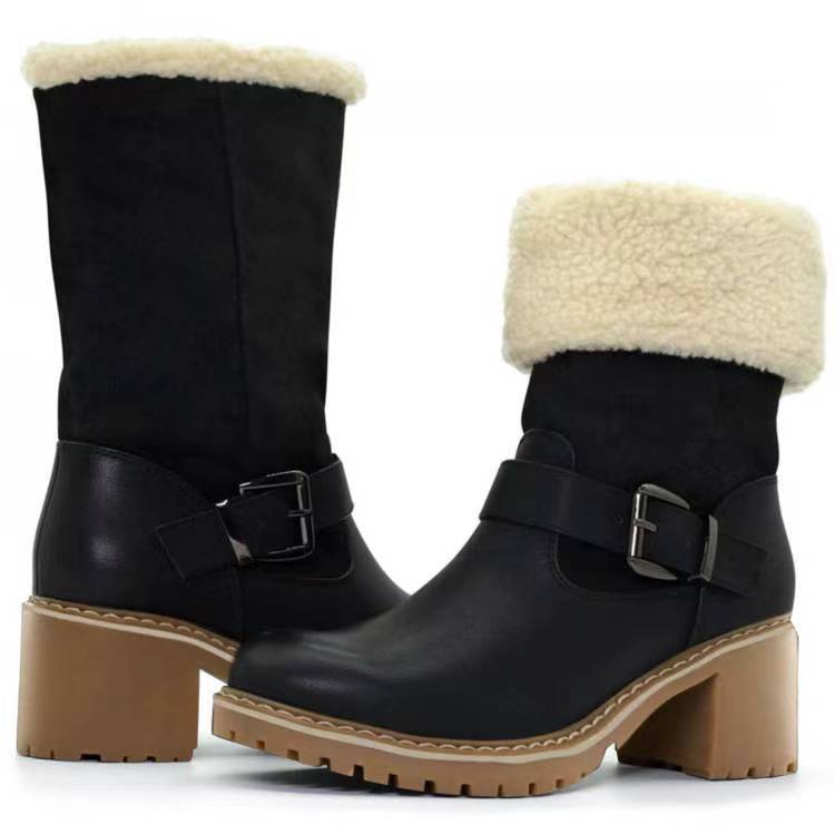 Fashion Boots With Buckle Chunky Heel Shoes Warm Winter Round Toe Western Boots For Women null