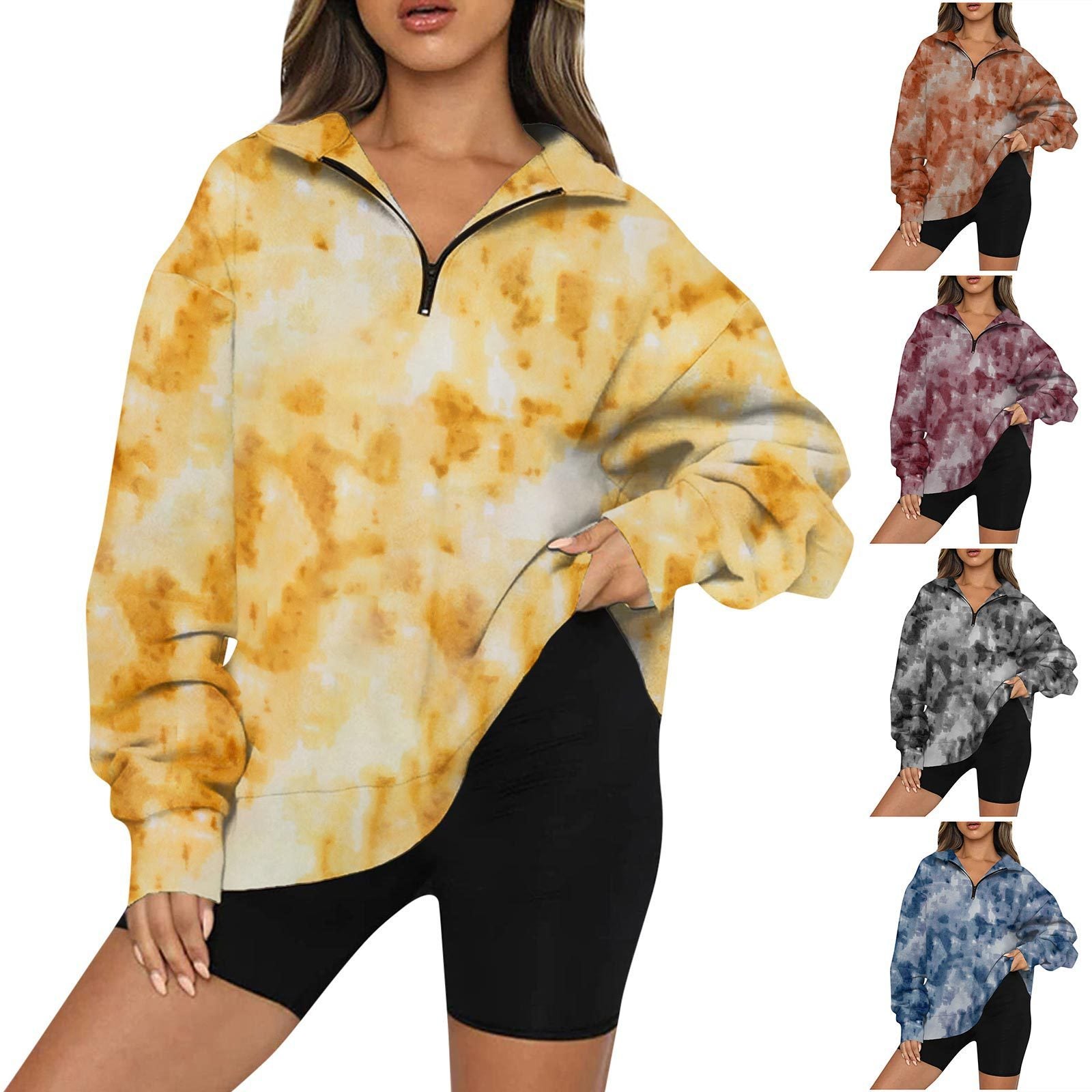 Tie Dye Printed Zippered Lapels Sweatshirt Womens Clothing Long Sleeve Loose Pocketless Top null