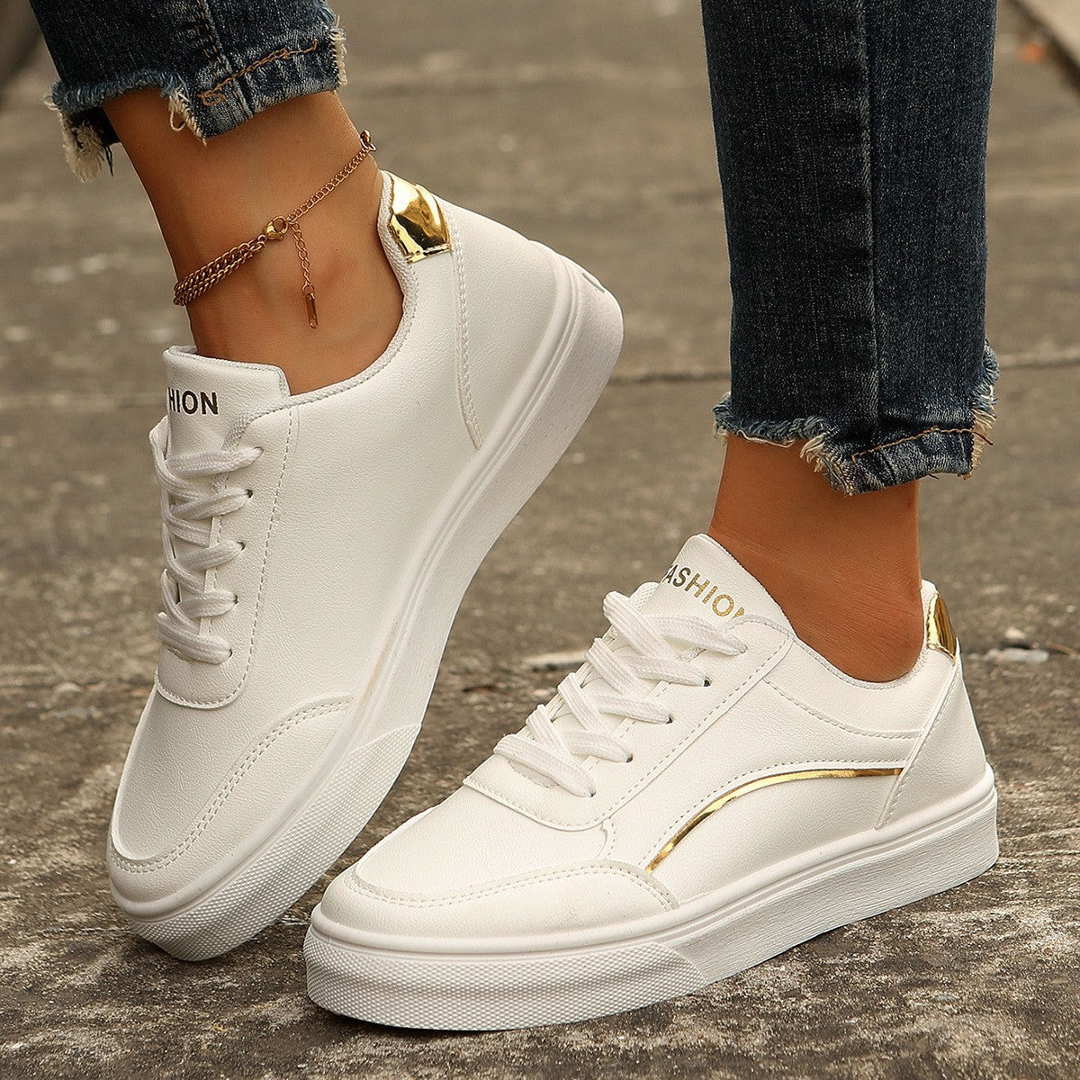 Lace-up White Flats Shoes Fashion Round Toe Slip-on Thick Sole Casual Shoes For Women null