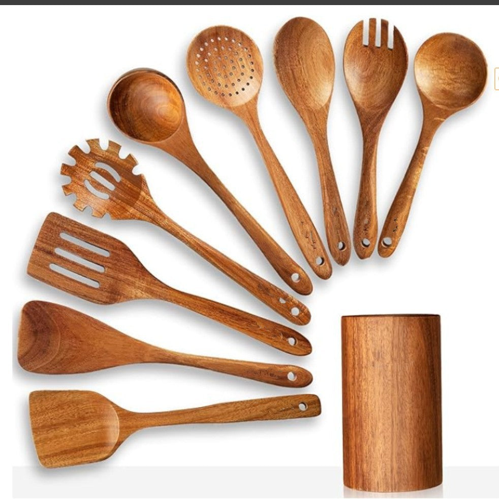 Thailand Teak Natural Wood Tableware Spoon Ladle Turner Long Rice Colander Soup Skimmer Cooking Spoons Scoop Kitchen Tool Set