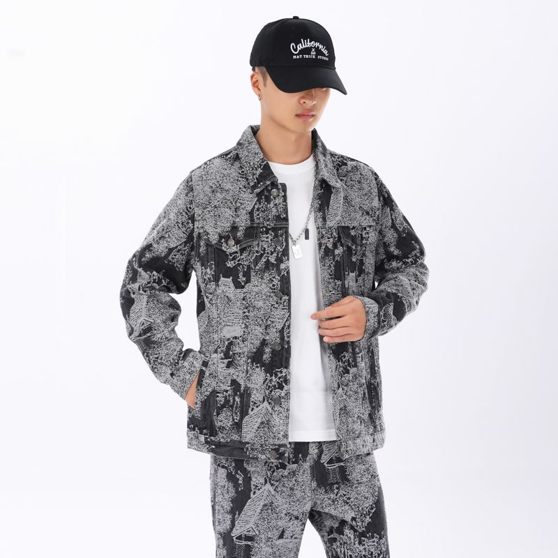 Mens Sophisticated Embossed Denim Jacket For Spring And Autumn In A Casual American Style on model, relaxed fit cotton drop-shoulder jacket