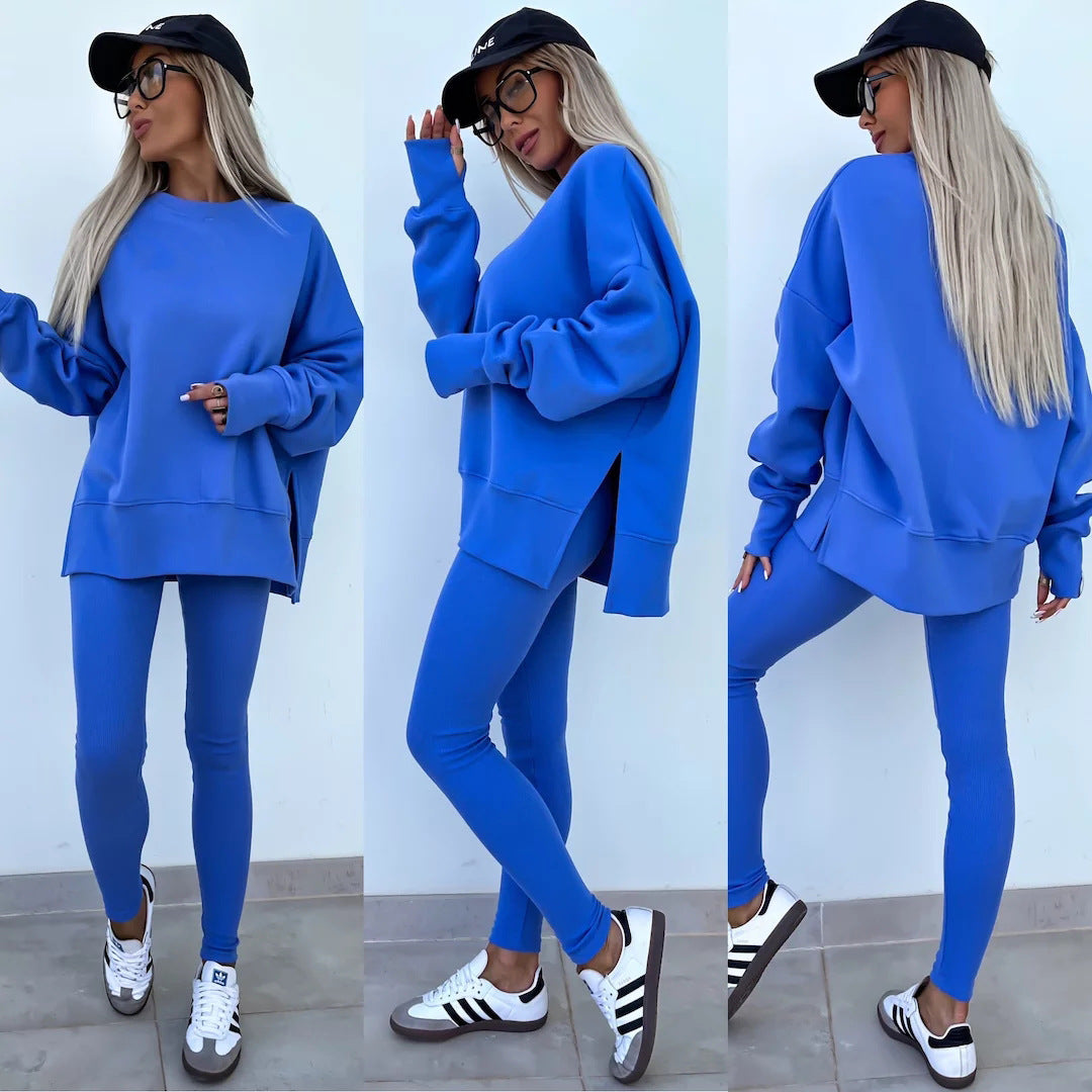 Sweater Suit Women's Casual Loose Long Sleeve Crew Neck Split Top Tight Trousers null