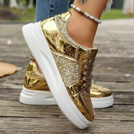 Fashion Lace-up Flat Shoes With Sequin Design Casual Sports Thick Bottom Round Toe Shoes For Women Non-slip Walking Sneakers null