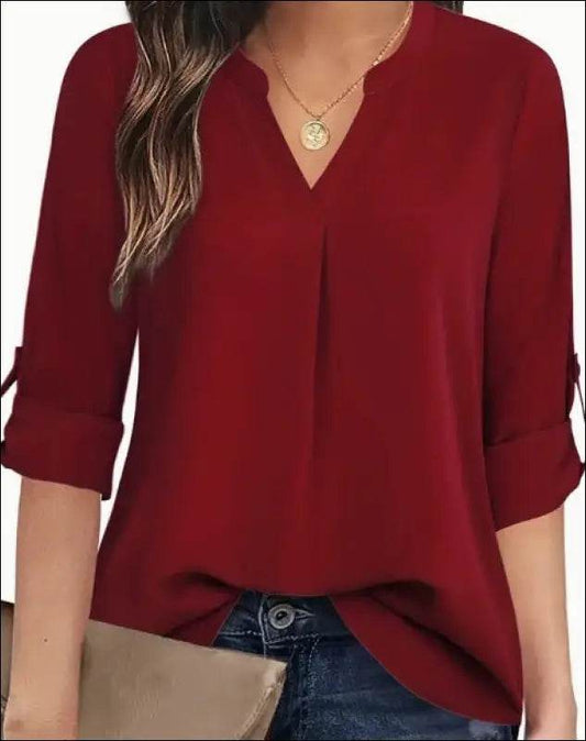 Chic Solid V-Neck Blouse - Fashionable Simplicity For Women - Relaxed Casual Long Sleeve Style - Update Avenue 