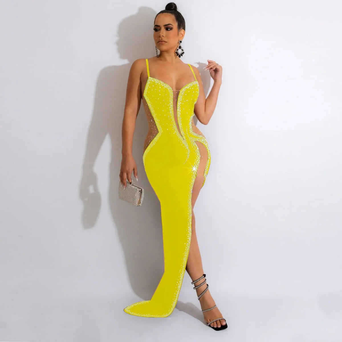 CM.YAYA Evening Dresses Women Diamonds Hot Drill Spaghetti Strap Mesh Patchwork High Low Asymmetrical Maxi Sexy Prom Dress Yellow CM.YAYA Evening Dresses Women Diamonds Hot Drill Spaghetti Strap Mesh Patchwork High Low Asymmetrical Maxi Sexy Prom Dress - shop_name