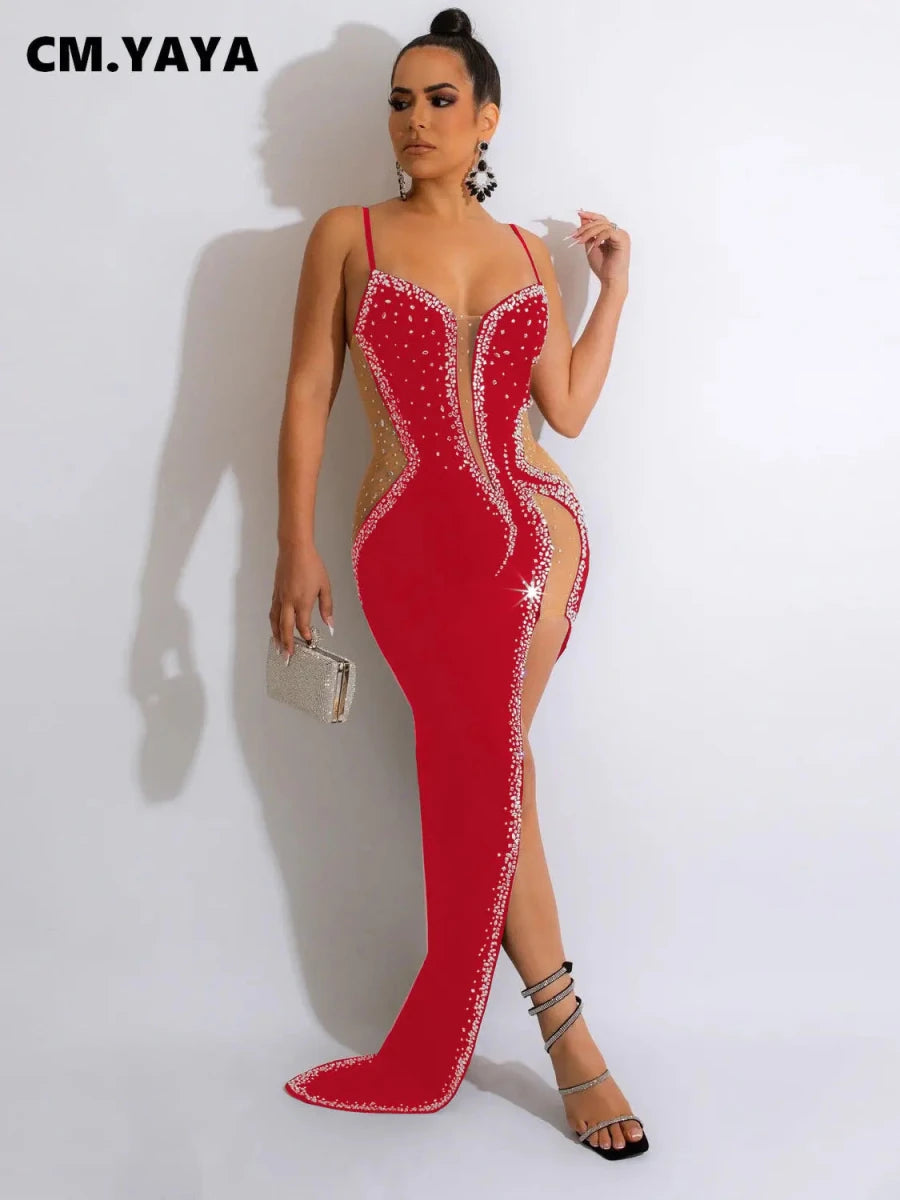 CM.YAYA Evening Dresses Women Diamonds Hot Drill Spaghetti Strap Mesh Patchwork High Low Asymmetrical Maxi Sexy Prom Dress Dark red CM.YAYA Evening Dresses Women Diamonds Hot Drill Spaghetti Strap Mesh Patchwork High Low Asymmetrical Maxi Sexy Prom Dress - shop_name